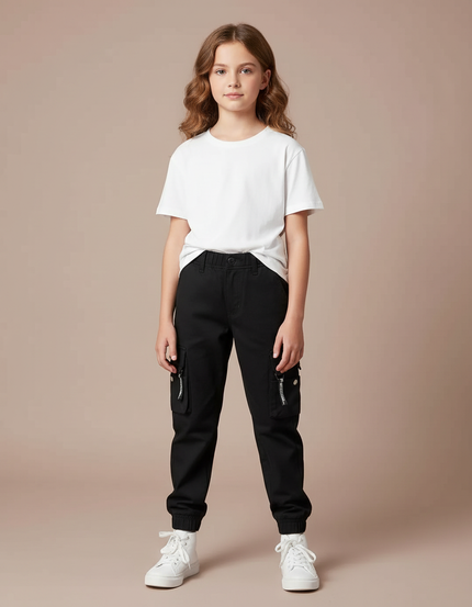 Pantalon Cargo Noir Fille Multipoches Zippées Décontracté - Toile