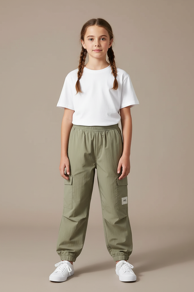 Pantalon Cargo Vert Kaki Léger Ample Multipoches Enfant - Polyester