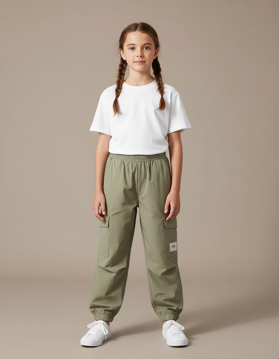 Pantalon Cargo Vert Kaki Léger Ample Multipoches Enfant - Polyester