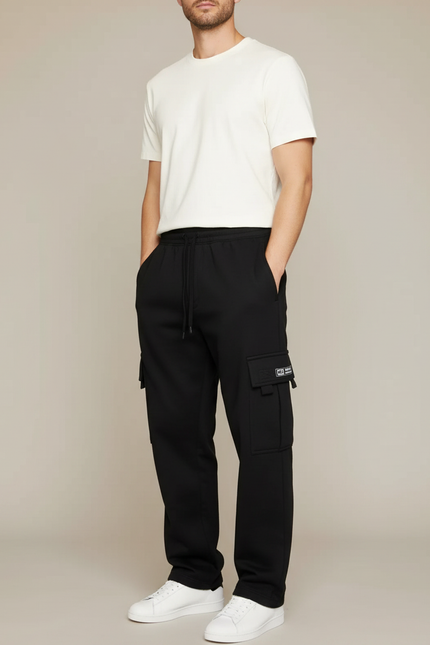 Pantalon Cargo Noir Décontracté Molleton Multipoches Homme