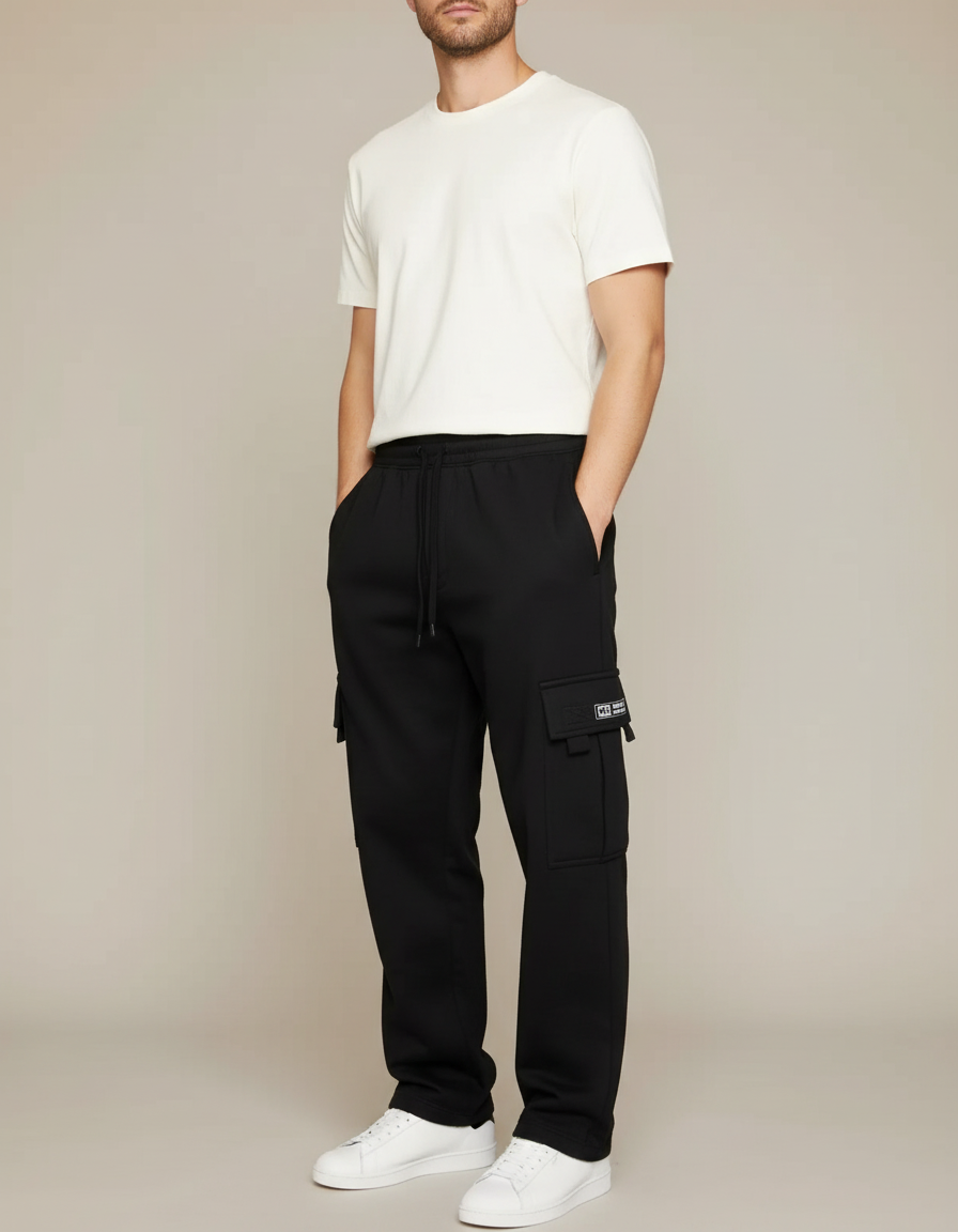 Pantalon Cargo Noir Décontracté Molleton Multipoches Homme