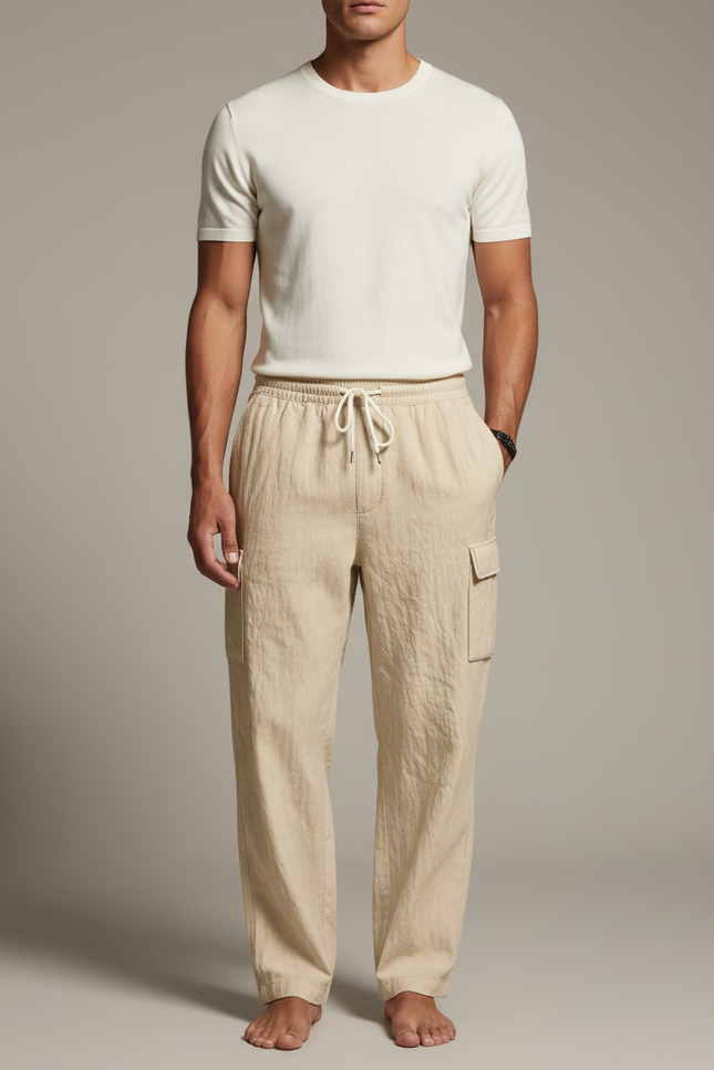 Pantalon Cargo Beige Léger Cordon Multipoches Décontracté Homme - Lin
