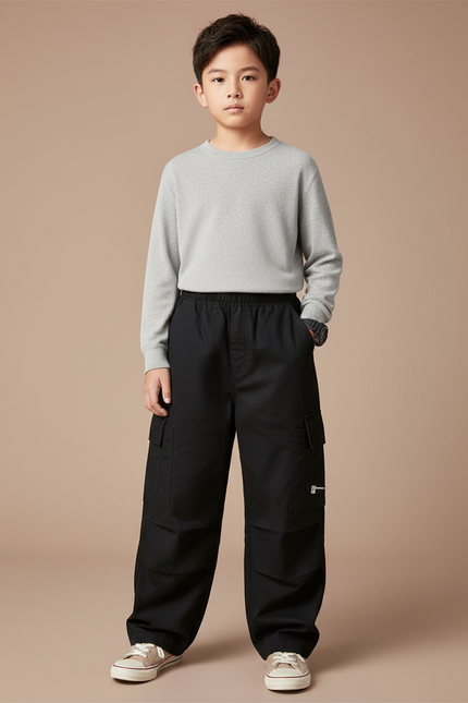 Pantalon Cargo Noir Ample Multipoches Coton Enfant - Toile