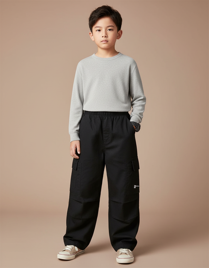 Pantalon Cargo Noir Ample Multipoches Coton Enfant - Toile