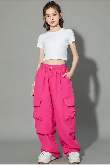 Pantalon Cargo Rose Ample Taille Haute Fille - Polyester