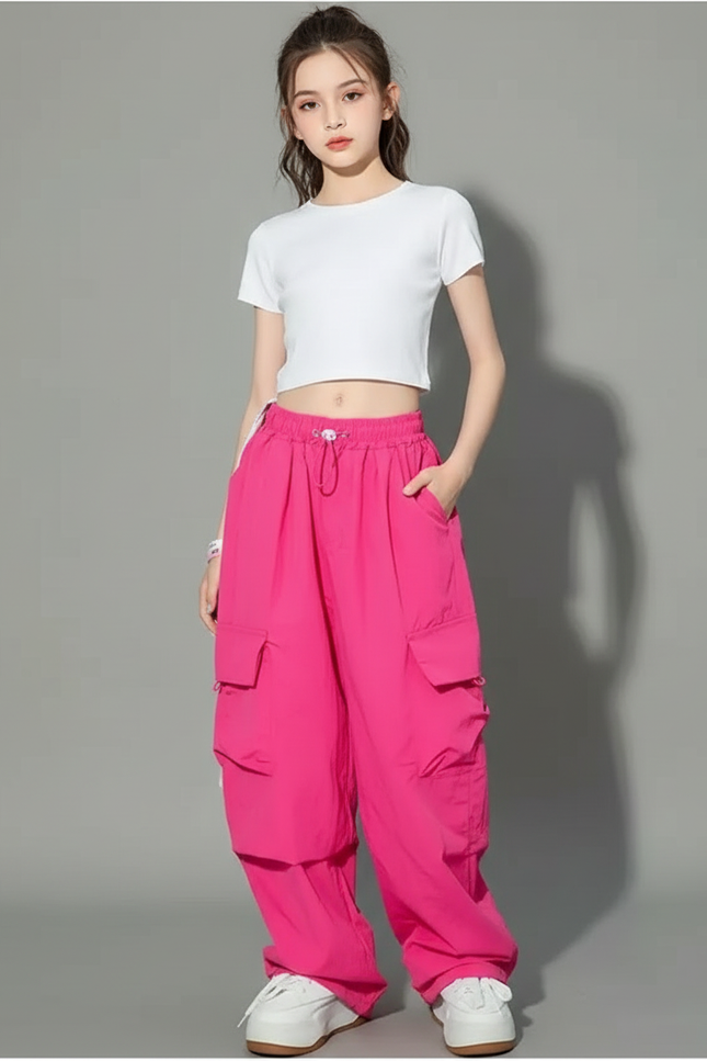 Pantalon Cargo Rose Ample Taille Haute Fille - Polyester