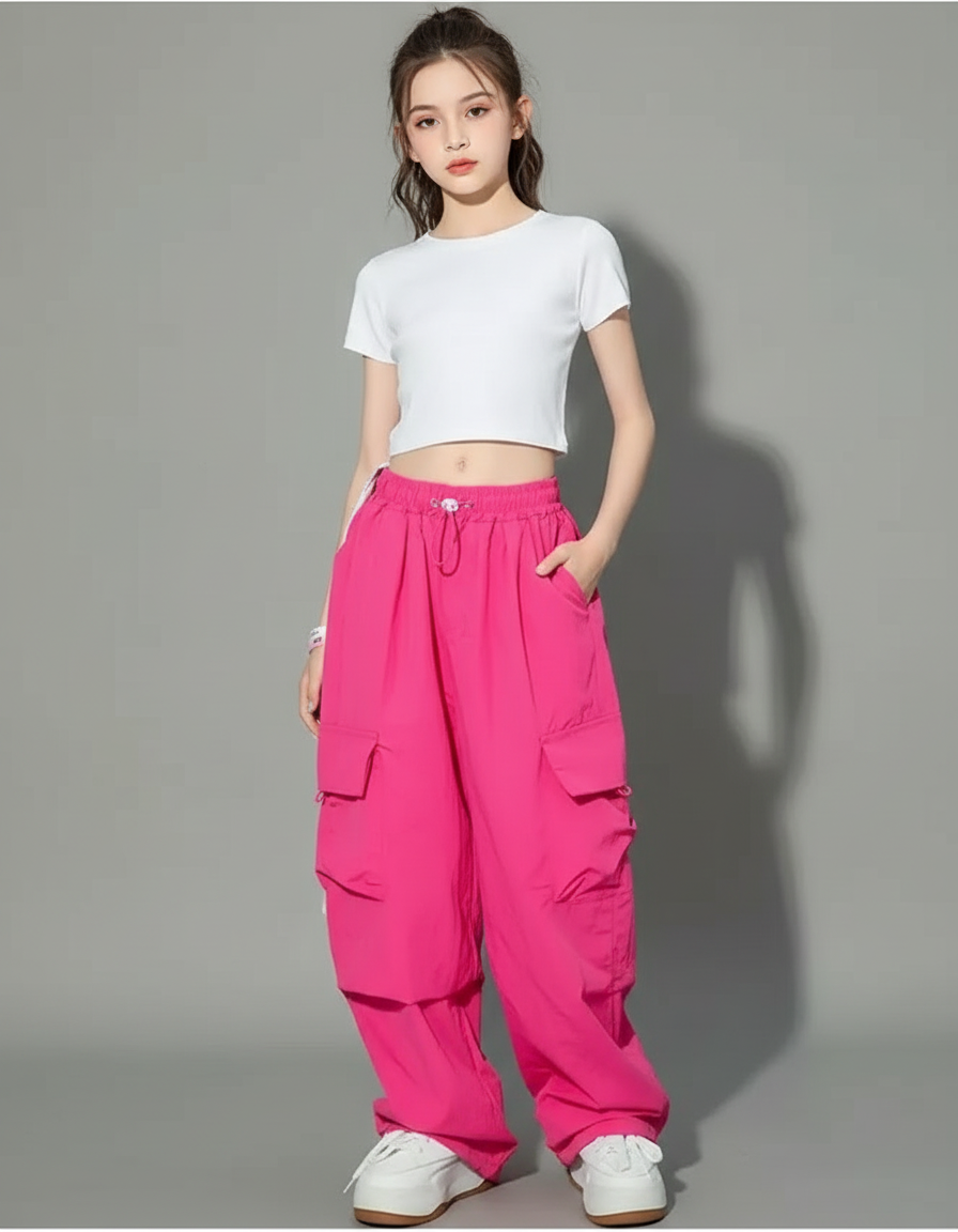 Pantalon Cargo Rose Ample Taille Haute Fille - Polyester