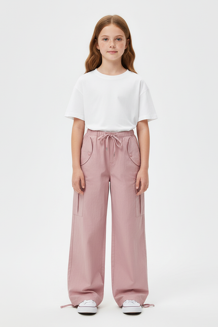 Pantalon Cargo Rose Ample Décontracté Cordon - Coton