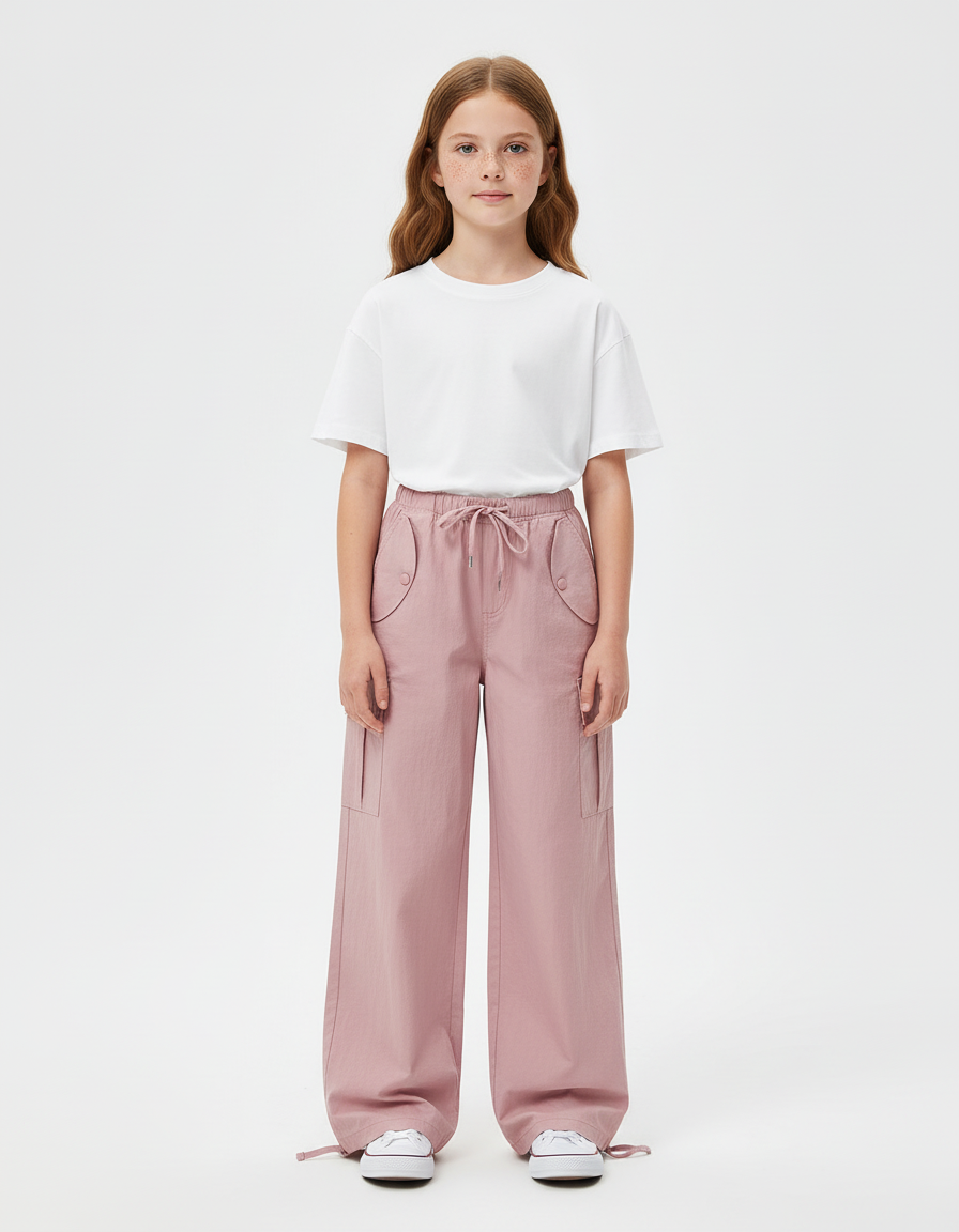 Pantalon Cargo Rose Ample Décontracté Cordon - Coton