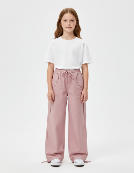 Pantalon Cargo Rose Ample Décontracté Cordon - Coton
