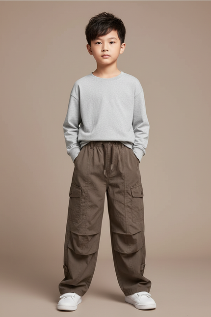 Pantalon Cargo Marron Ample Multipoches Enfant - Kaki Coton