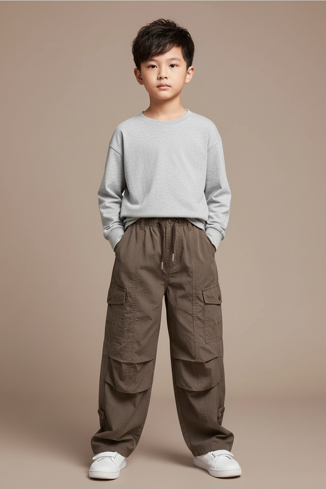 Pantalon Cargo Marron Ample Multipoches Enfant - Kaki Coton