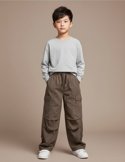 Pantalon Cargo Marron Ample Multipoches Enfant - Kaki Coton