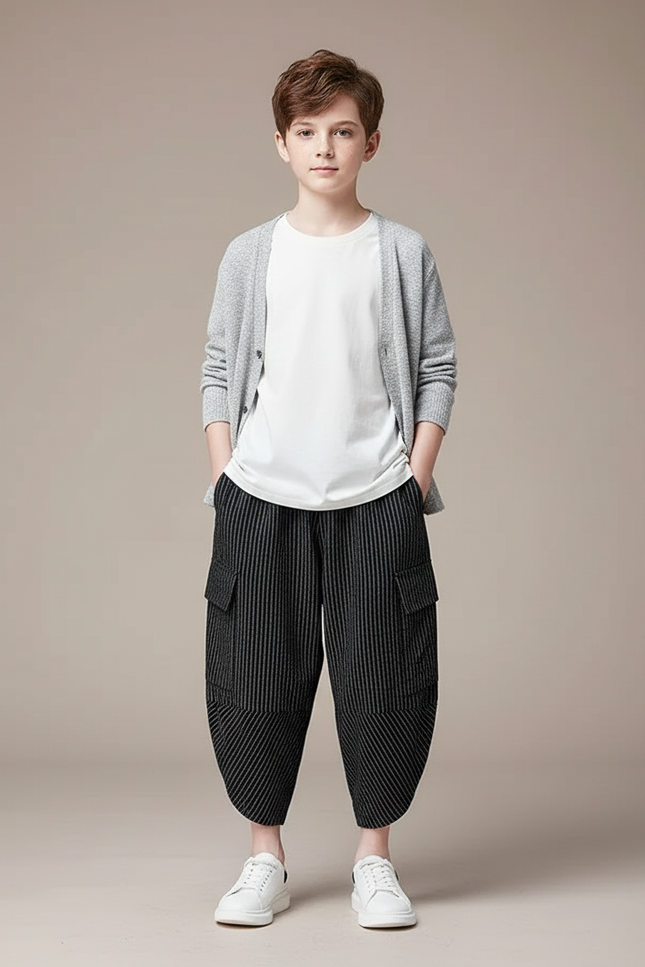 Pantalon Cargo Noir Rayé Plissé Ample Garçon - Polyester
