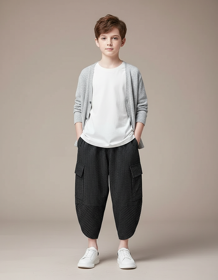 Pantalon Cargo Noir Rayé Plissé Ample Garçon - Polyester