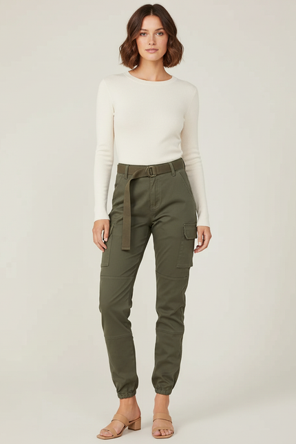 Pantalon Cargo Kaki Ample Jogger Femme Ceinturé - Toile