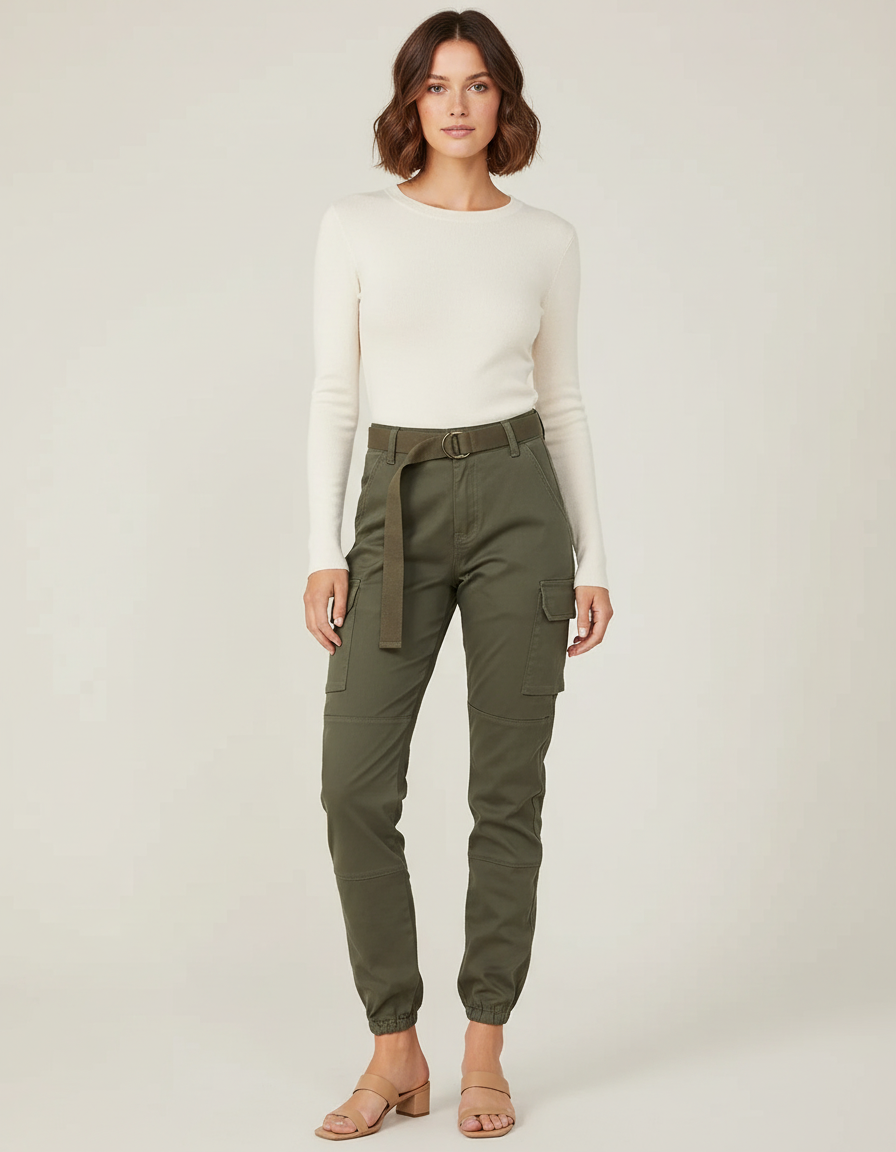 Pantalon Cargo Kaki Ample Jogger Femme Ceinturé - Toile