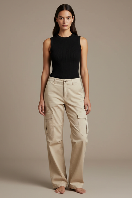Pantalon Cargo Beige Ample Femme Poches - Toile