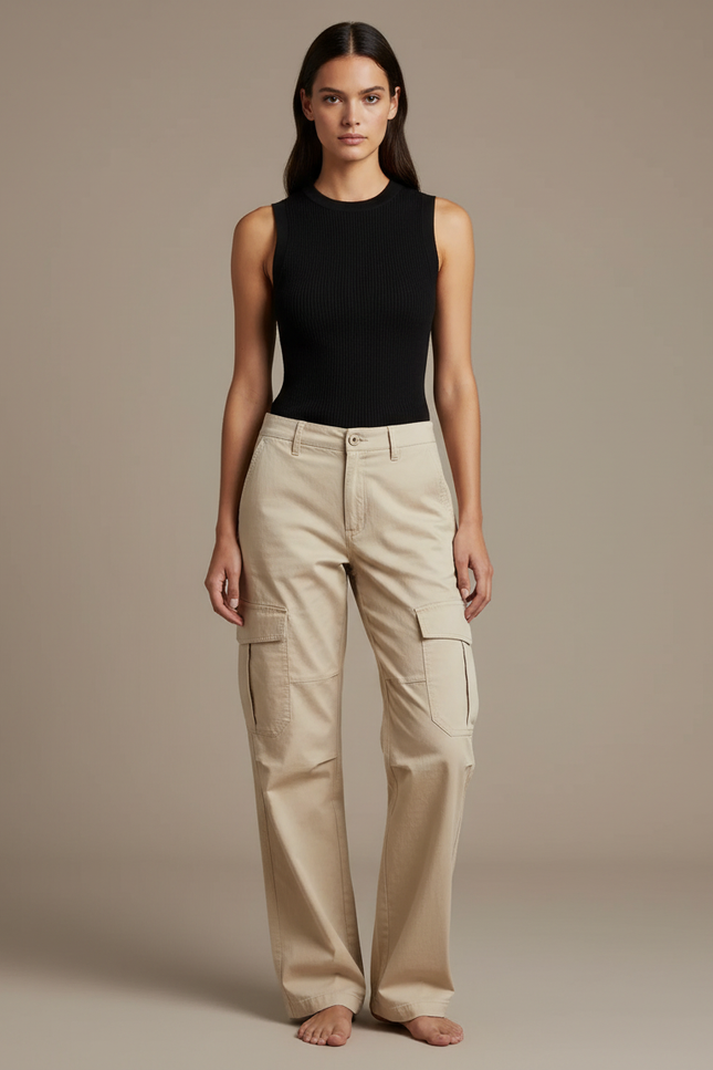 Pantalon Cargo Beige Ample Femme Poches - Toile