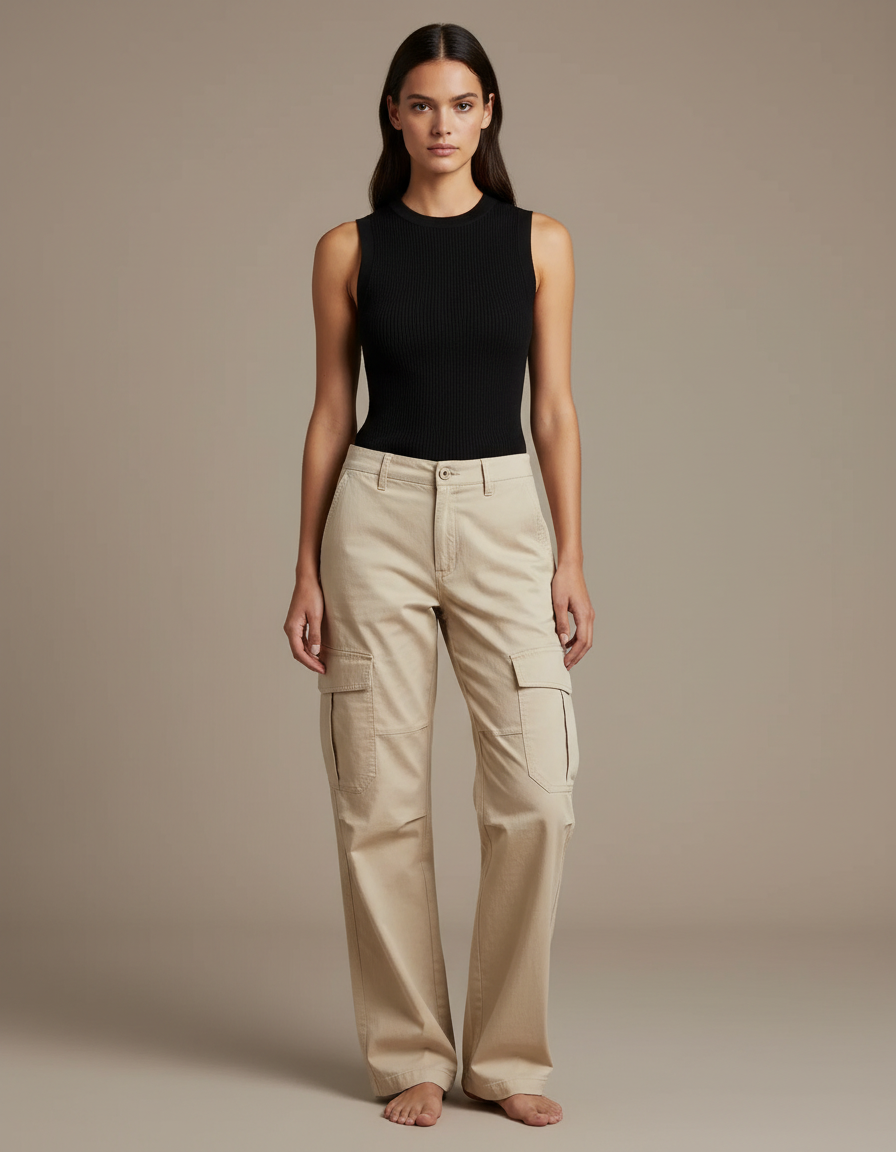 Pantalon Cargo Beige Ample Femme Poches - Toile