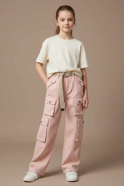 Pantalon Cargo Rose Ample Poches Ceinture Fille - Jean