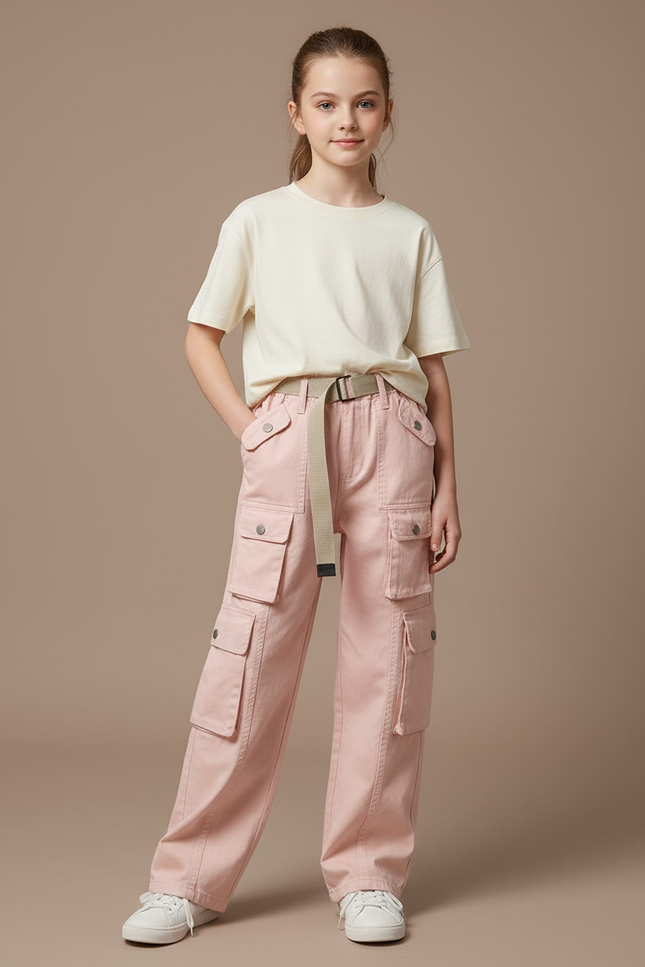 Pantalon Cargo Rose Ample Poches Ceinture Fille - Jean