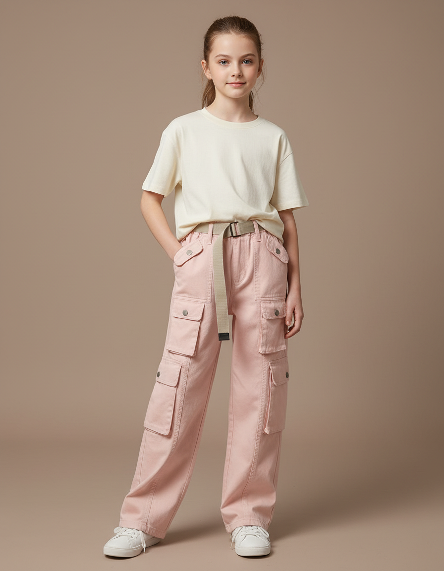 Pantalon Cargo Rose Ample Poches Ceinture Fille - Jean