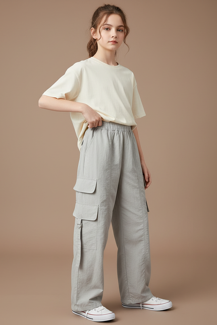 Pantalon Cargo Gris Fluide Ample Multipoches Fille - Polyester