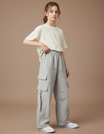 Pantalon Cargo Gris Fluide Ample Multipoches Fille - Polyester