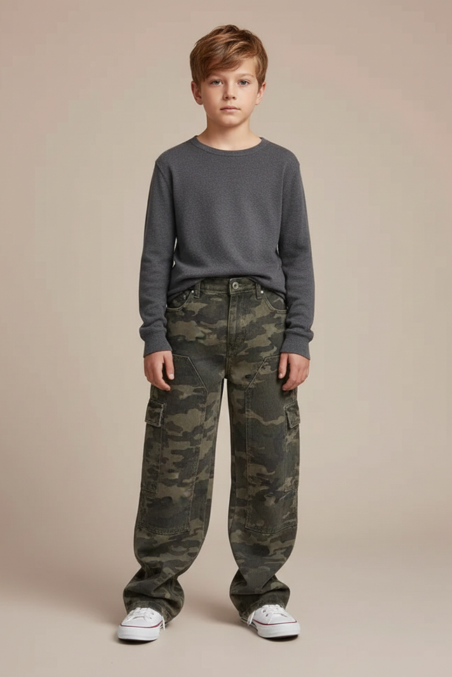 Pantalon Cargo Camouflage Ample Denim Enfant Garçon - Kaki Jean