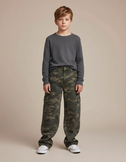 Pantalon Cargo Camouflage Ample Denim Enfant Garçon - Kaki Jean
