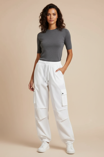 Pantalon Cargo Blanc Ample Taille Haute Femme - Polyester