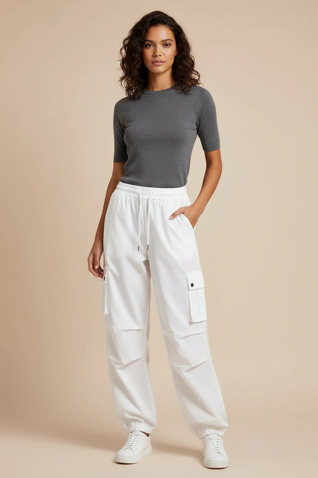 Pantalon Cargo Blanc Ample Taille Haute Femme - Polyester