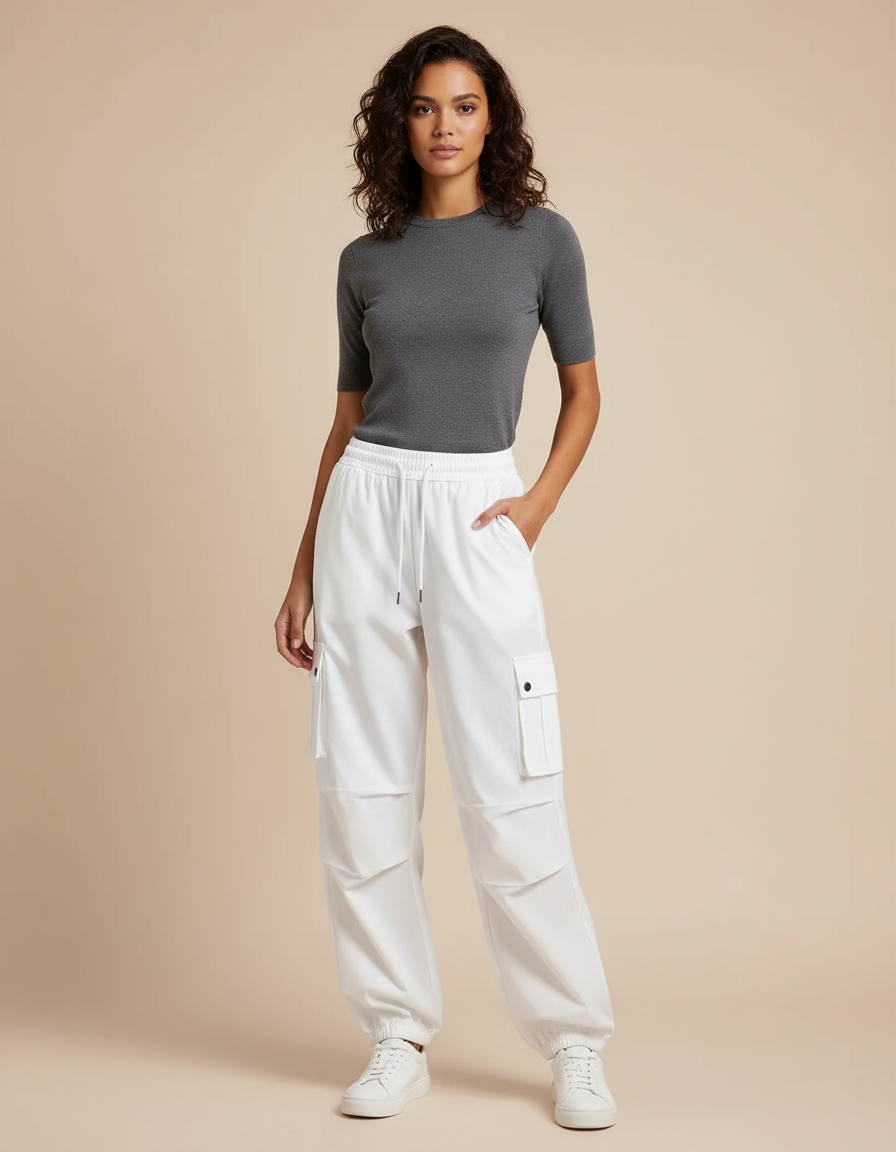 Pantalon Cargo Blanc Ample Taille Haute Femme - Polyester
