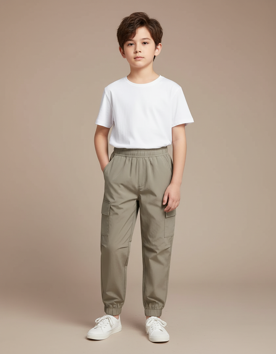 Pantalon Cargo Kaki Coton Décontracté Poches Enfant - Polyester