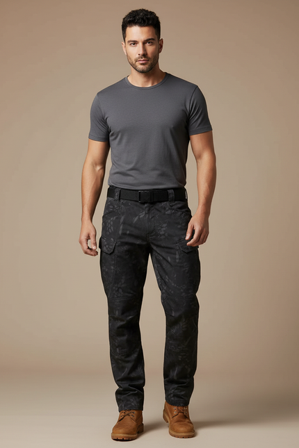 Pantalon Cargo Tactique Camouflage Noir Multipoches Résistant - Toile