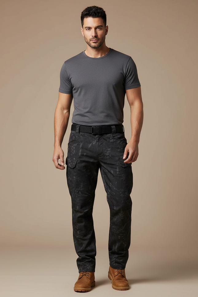 Pantalon Cargo Tactique Camouflage Noir Multipoches Résistant - Toile