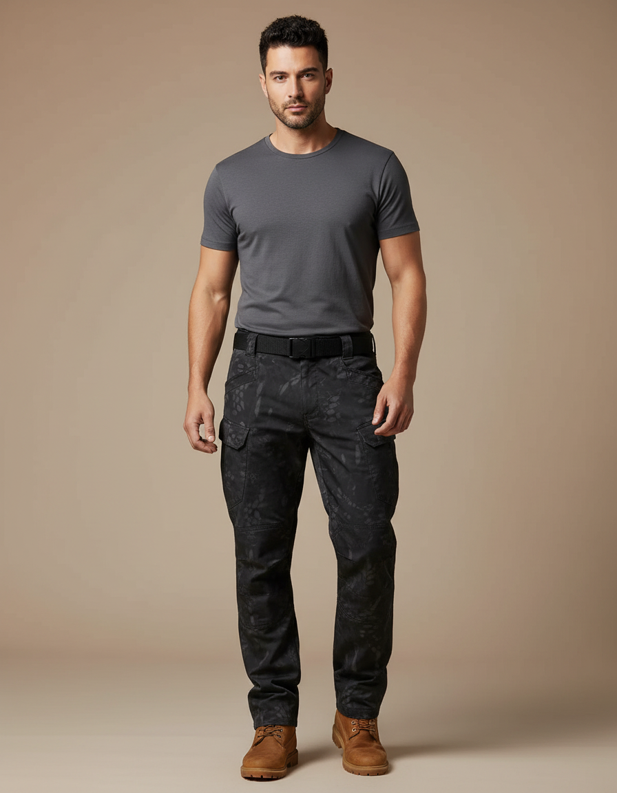 Pantalon Cargo Tactique Camouflage Noir Multipoches Résistant - Toile