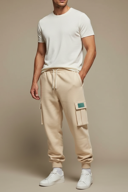 Pantalon Cargo Beige Molletonné Ample Multi-Poches Homme
