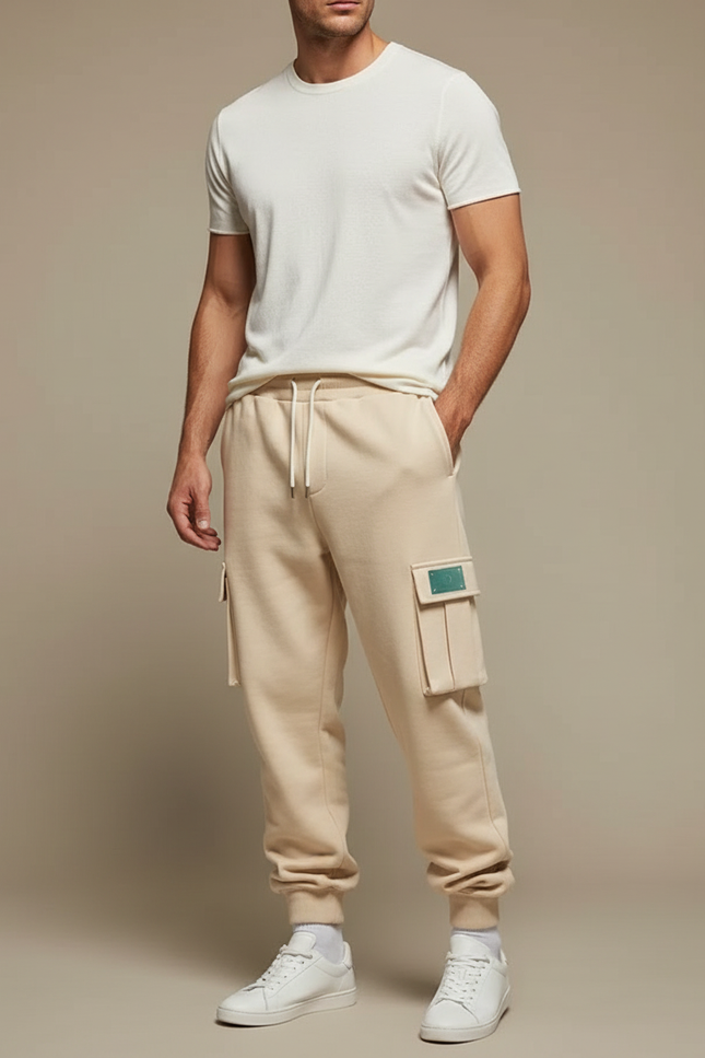 Pantalon Cargo Beige Molletonné Ample Multi-Poches Homme