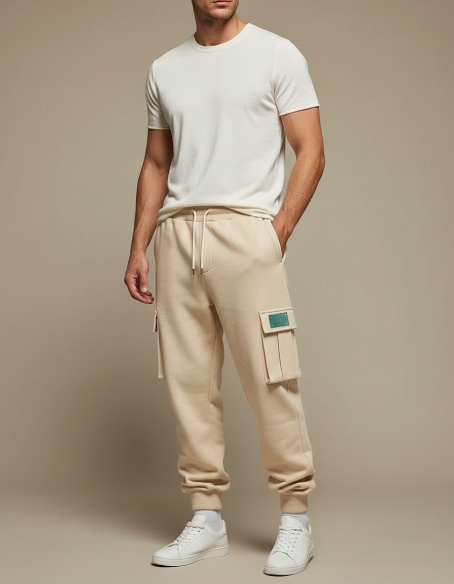 Pantalon Cargo Beige Molletonné Ample Multi-Poches Homme