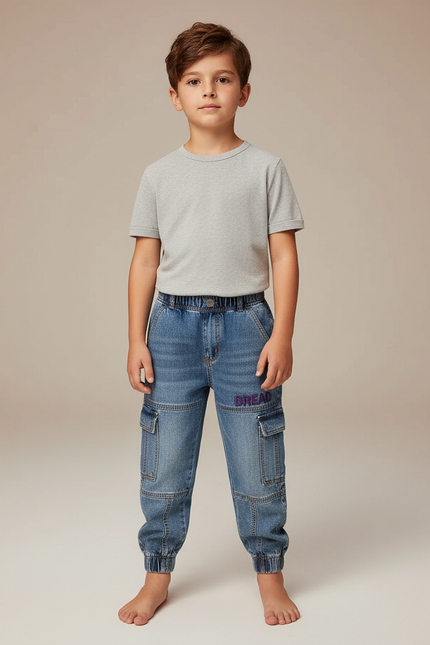 Pantalon Cargo Denim Bleu Brodé Garçon - Jean
