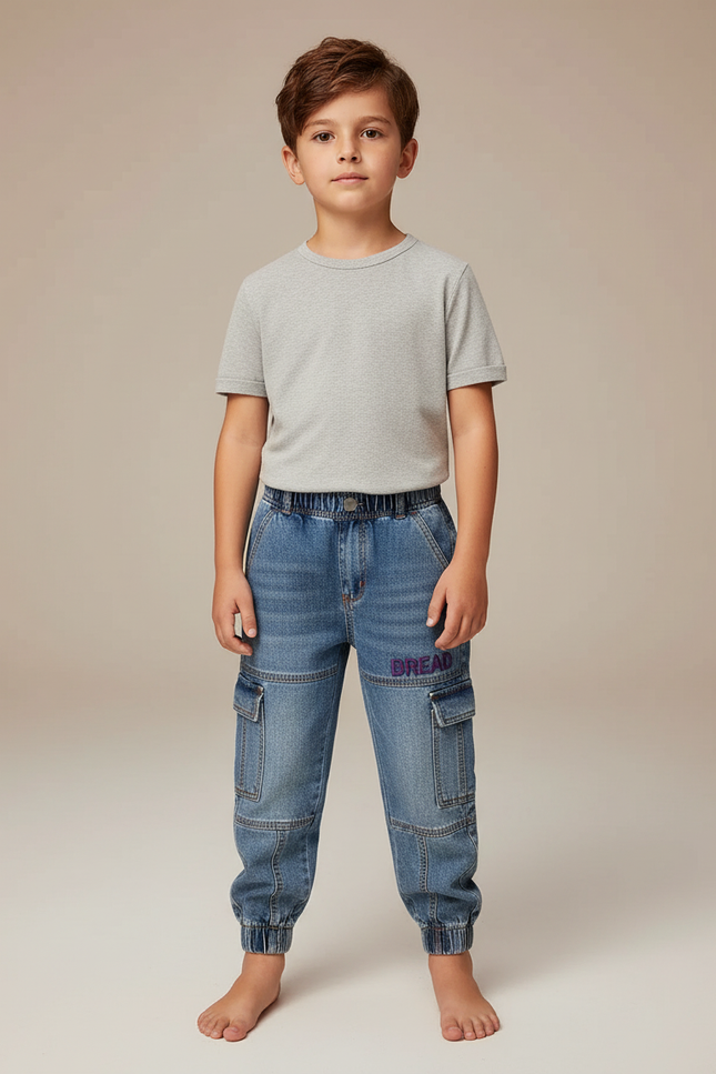 Pantalon Cargo Denim Bleu Brodé Garçon - Jean