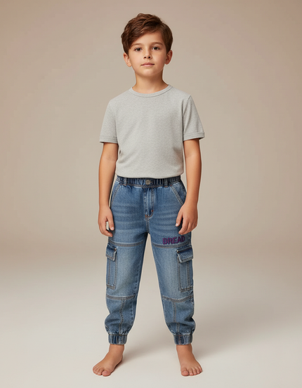 Pantalon Cargo Denim Bleu Brodé Garçon - Jean