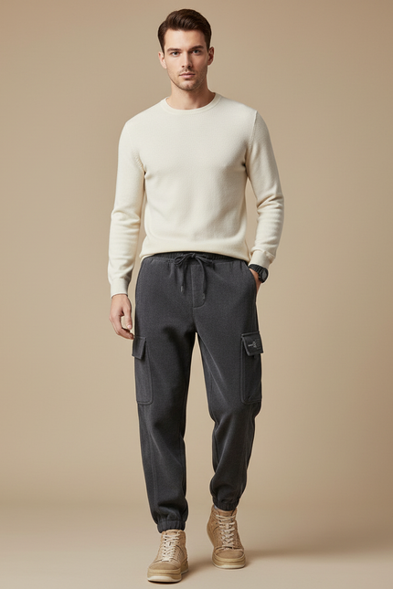 Pantalon Cargo Gris Ample Molletonné Homme Cordon