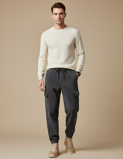 Pantalon Cargo Gris Ample Molletonné Homme Cordon