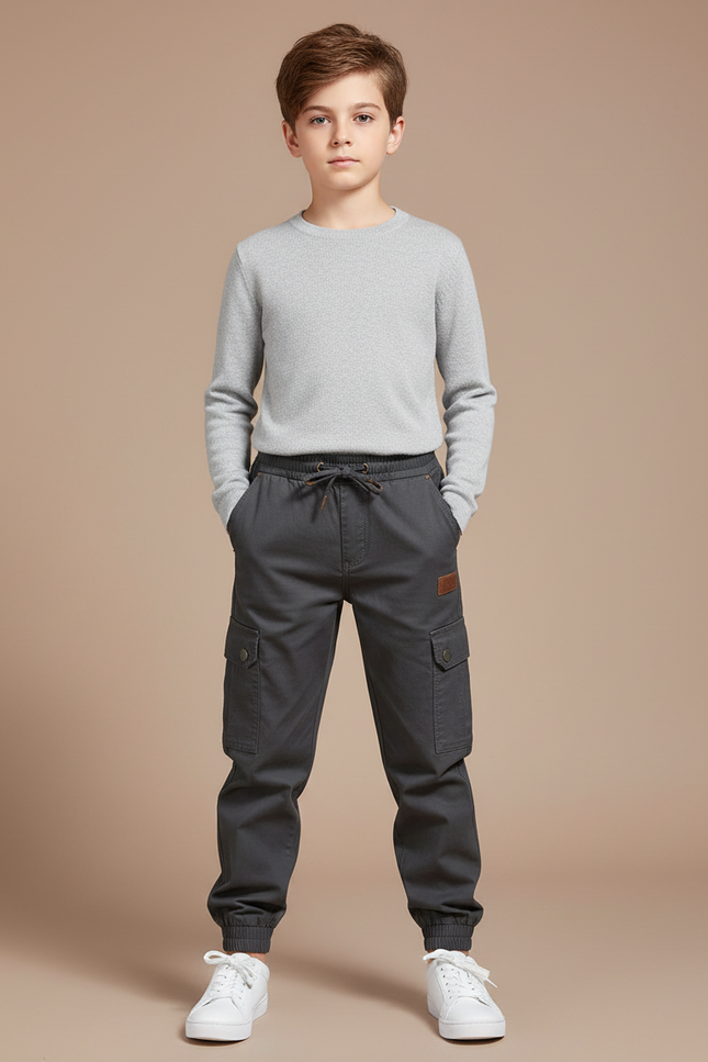 Pantalon Cargo Gris Chiné Coton Multipoches Enfant