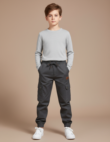 Pantalon Cargo Gris Chiné Coton Multipoches Enfant