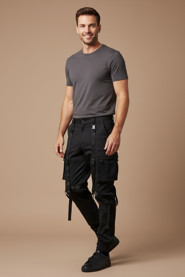 Pantalon Cargo Noir Homme Techwear Rubans Jogger - Polyester