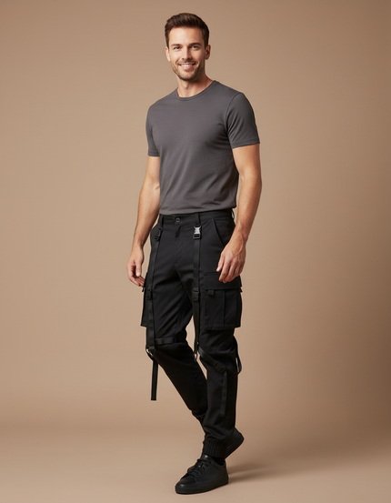 Pantalon Cargo Noir Homme Techwear Rubans Jogger - Polyester